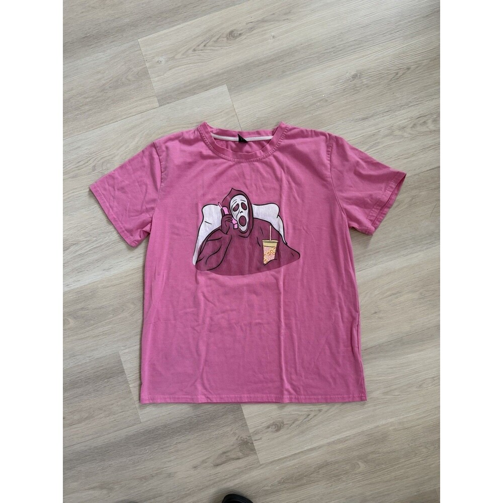 Women ROMWE Ghostface Graphic T-shirt Size M Pink Short Sleeve Grunge Goth Fair